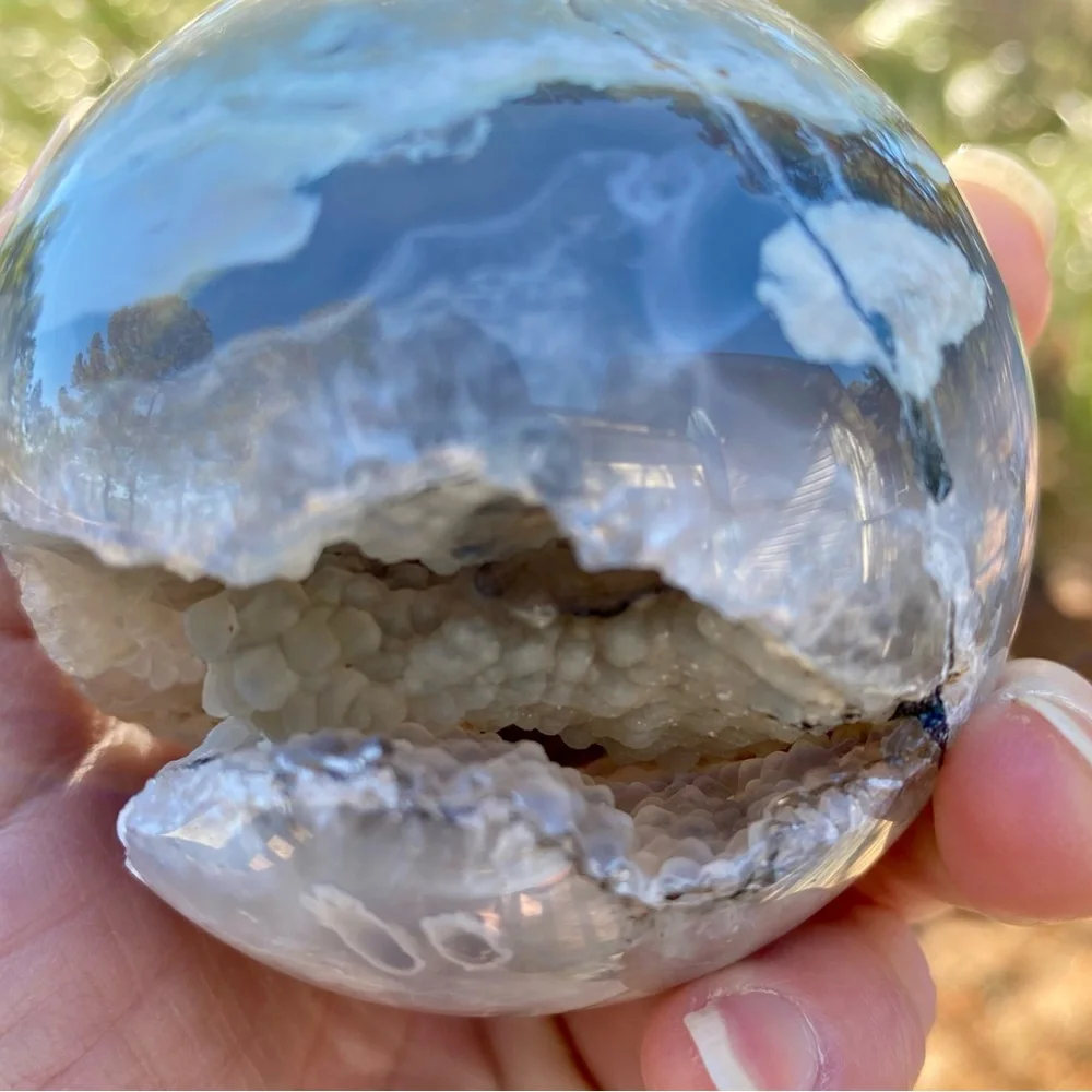 Large HQ Polished UV Reactive Volcano Agate Sphere w/ Wooden Stand - Picture 13 of 16